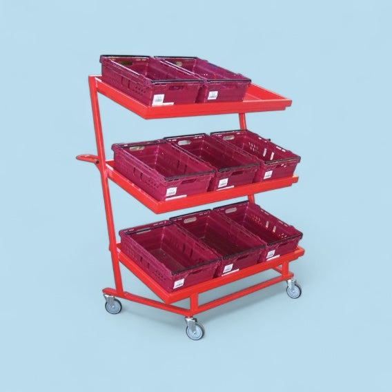 Nesting 9 tote box trolley with trough