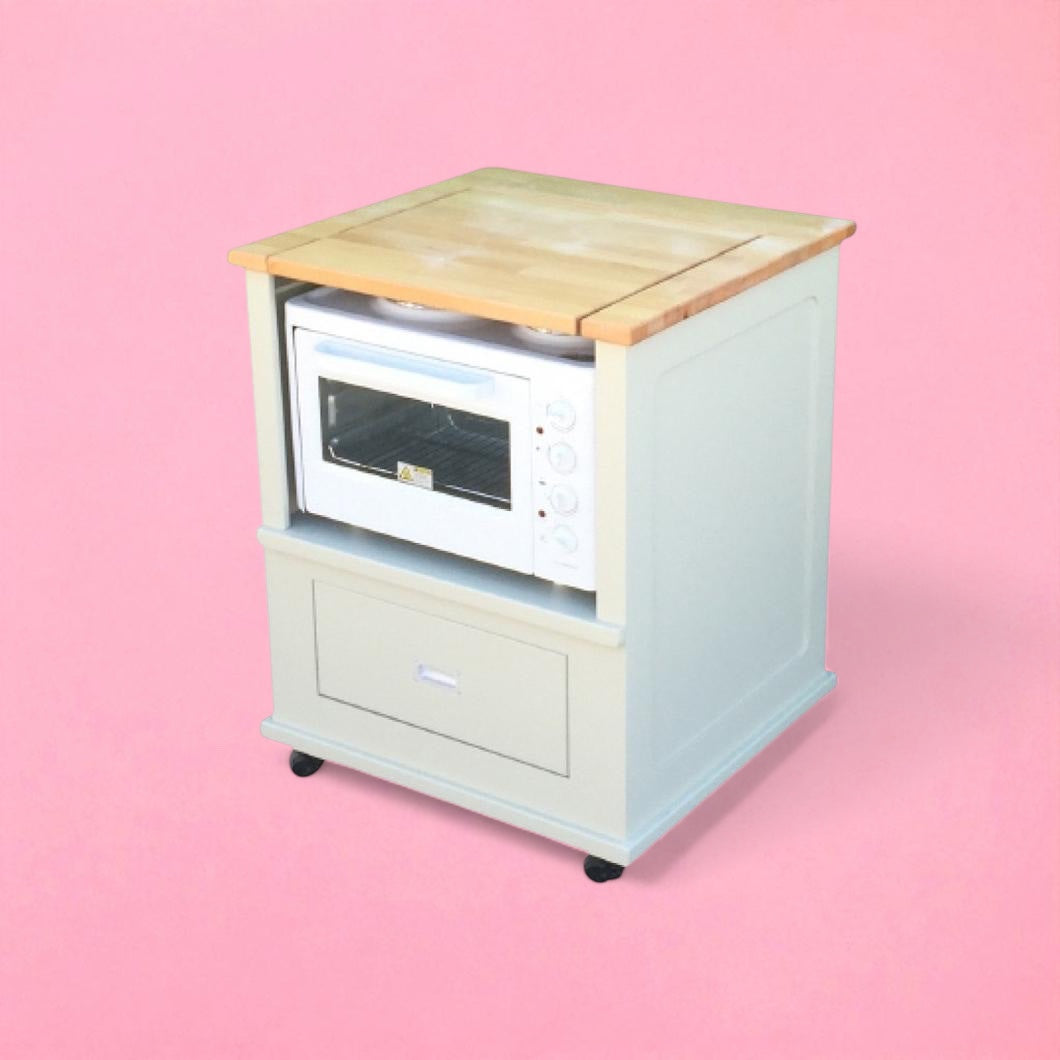 Compact wood panelled cooking trolley with drawer