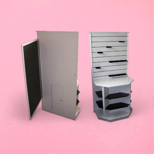 Corner display shelving unit and notice board