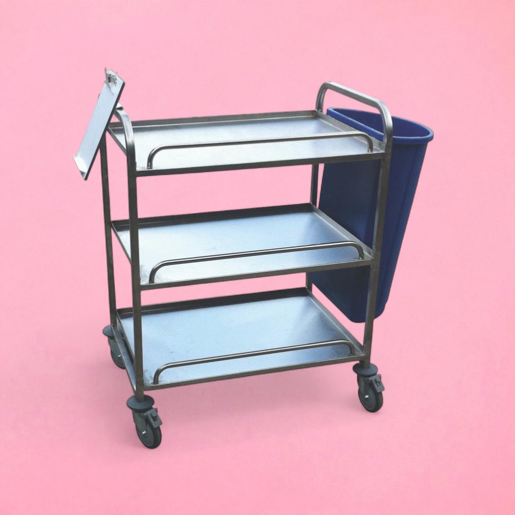 3 tier flat shelf stainless steel trolley with bin