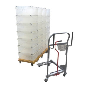 Dolly Pusher Trolley and Stacked Totes